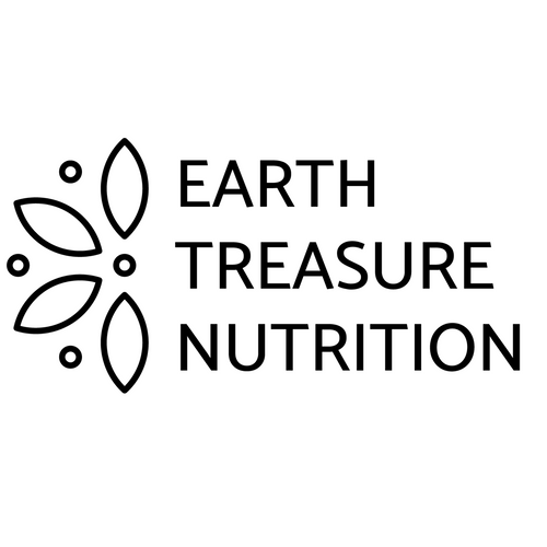 Logo for Earth Treasure Nutrition with leaf designs on a white background